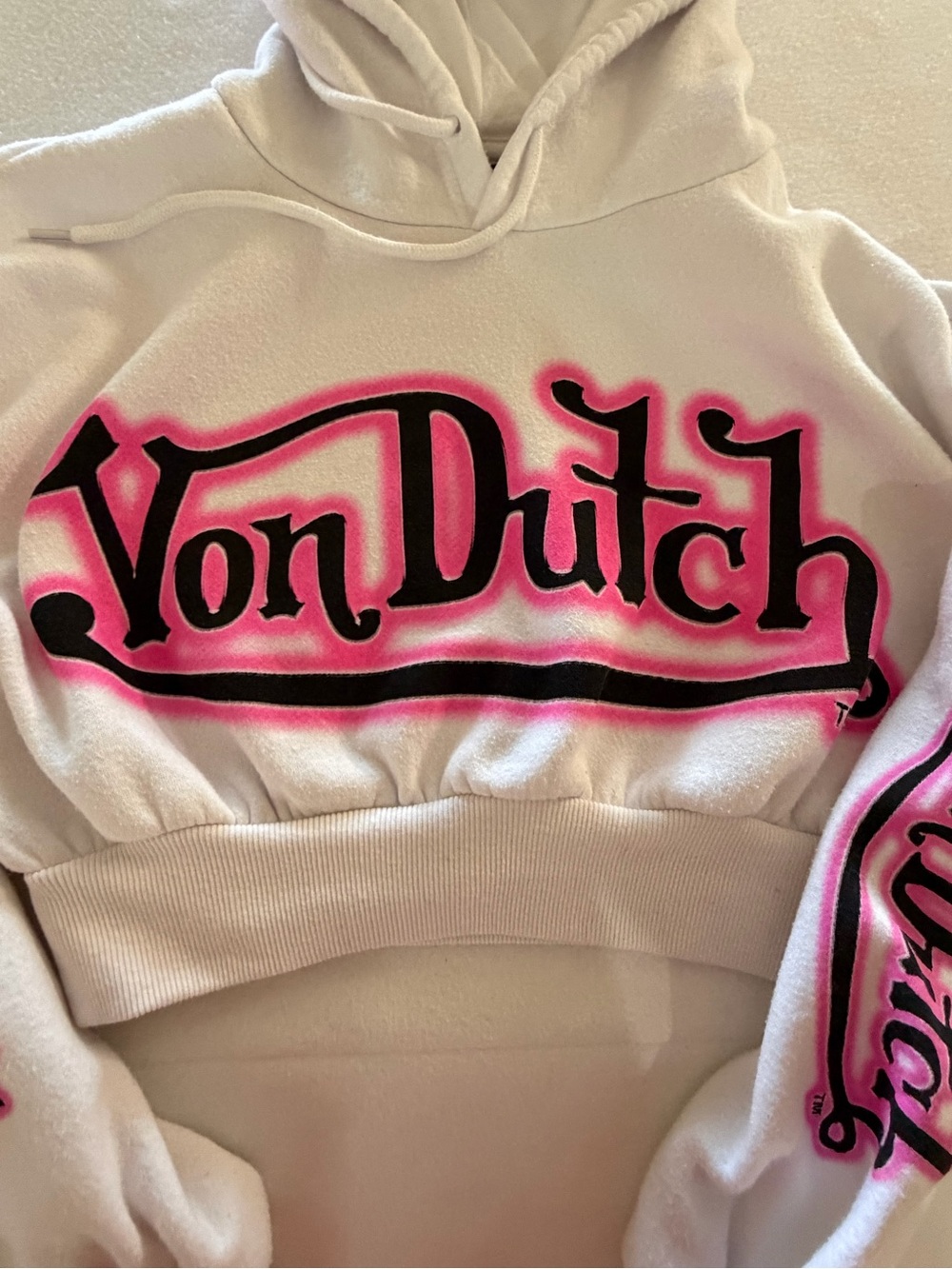 Von Dutch White Pink Logo Cropped Hoodie XS - Picture 4 of 5